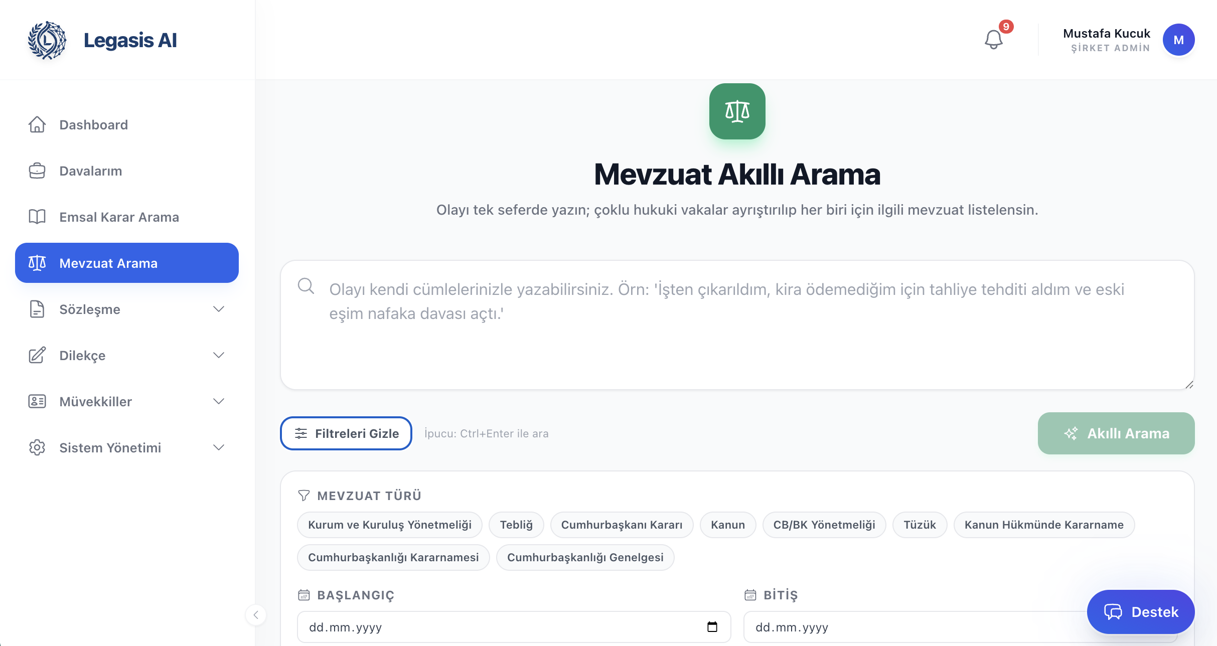 Mevzuat arama ekranı
